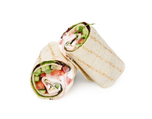 Delicious sandwich wraps with fresh vegetables isolated on white