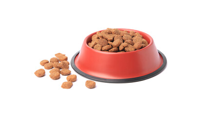 Dry pet food in feeding bowl isolated on white