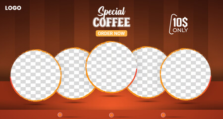 special coffee sale with landscape template banner and copy space frame for product sale with abstract gradient brown background design