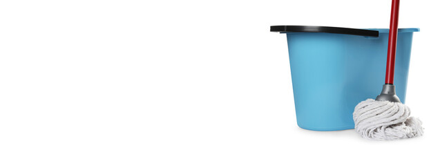 String mop and blue bucket on white background. Banner design with space for text - Powered by Adobe