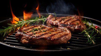 beef steak with brown crust grilled on searing pan