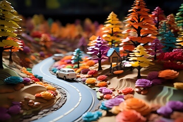 Obraz premium a road in a fantasy forest in miniature, a fairytale forest made of plasticine, a world of children's dreams made of paper, creativity
