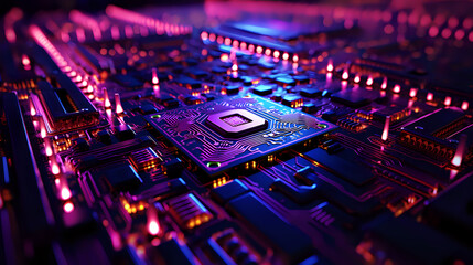 alien microchips, innovative microchip scheme of their future macro purple blue green