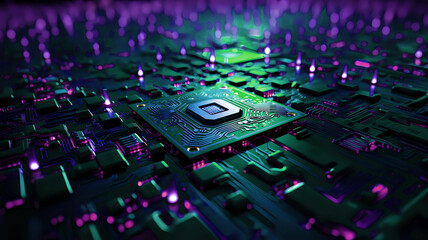 alien microchips, innovative microchip scheme of their future macro purple blue green