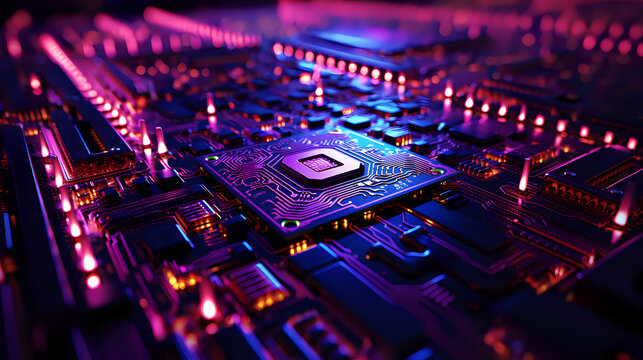 alien microchips, innovative microchip scheme of their future macro purple blue green - Powered by Adobe