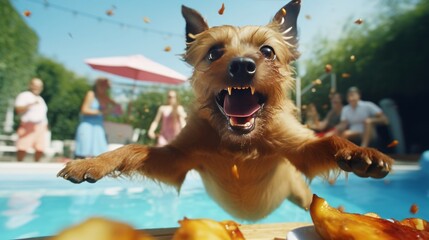 Puppy jumping on food at pool party - obrazy, fototapety, plakaty