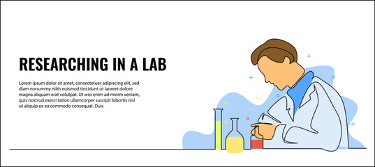 A man doing laboratory experiment vector illustration. Modern flat in continuous line style.