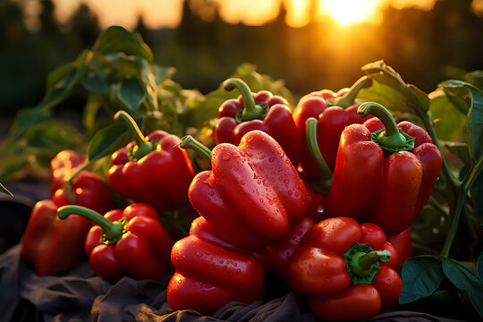 harvested peppers in the field, harvesting peppers at sunset, natural ripe peppers in autumn at the farm