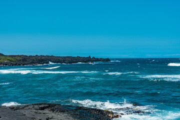 Punalu'u Black Sand Beach , Big Island, Hawaii.  Pahoehoe  Lava. volcanic rock.