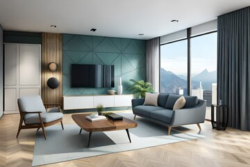 Fototapeta premium Mockup a TV wall mounted with decoration in living room and white wall. 3d rendering.