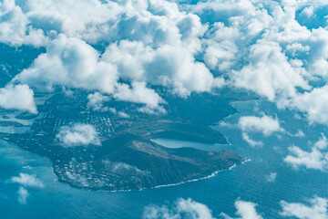 Honolulu Oahu Hawaii. Aerial photography on the plane. Hanauma Bay is a marine embayment formed...