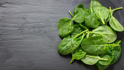 Freshly picked spinach on the black slate board, top view, Space for text Background for a recipe.