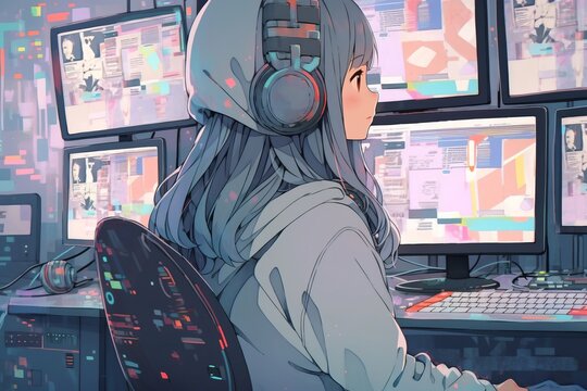 パソコン作業をする女性,Generative AI AI画像