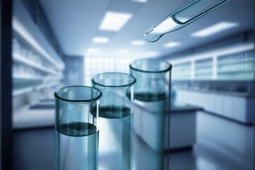 Dripping liquid from glass pipette in laboratory,