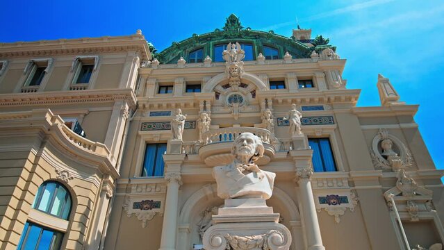 Facade view of Casino de Monte Carlo entertainment complex in Monaco. Elegant Beaux-Arts building famous in film and literature, ancient architecture in the center of Monaco.
