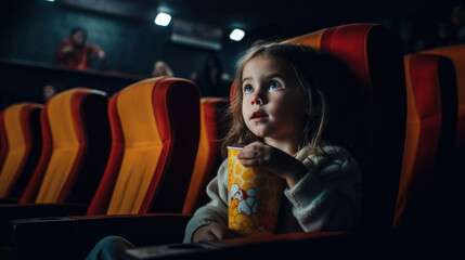 Fototapeta na wymiar Girl seven year old watching an exciting movie in a dark cinema
