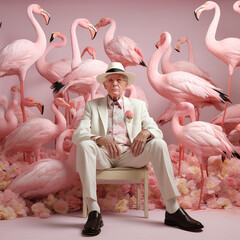 Elder man sitting surrounded by flamingos