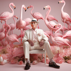Elder man sitting surrounded by flamingos