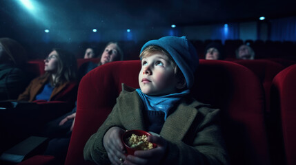 A boy seven year old watching an exciting movie in a dark cinema 