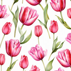 Red tulip flowers watercolor seamless patterns background