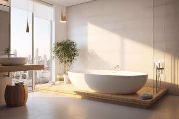 Fototapeta na wymiar modern bathroom interior design with wooden bathtub