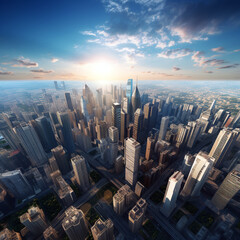 Big city skyline at sunset aerial view. Generative Ai. 