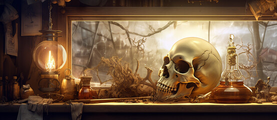 mystical vintage still life with a skull from an old lamp by the window. Generative Ai. 