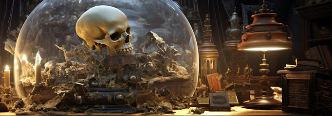 skull glass ball in mystical vintage setting. Generative Ai. 