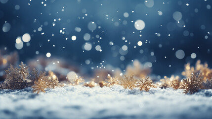 Fototapeta na wymiar Christmas background with golden decorative snowflakes on white snow. Generative Ai. 
