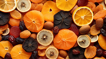 dried lemons oranges raisins nuts close-up, background. Generative Ai. 