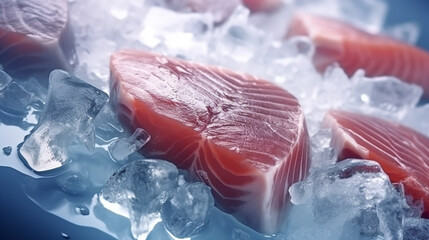 fresh raw salmon lies on ice top view. Generative Ai. 