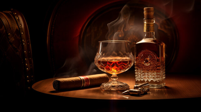 still life with a bottle of cognac, a glass and a cigar on a wooden vintage table. Generative Ai. 