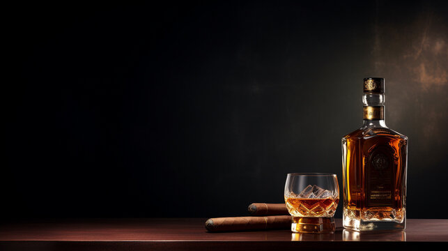 bottle of cognac and cigar. Generative Ai. 