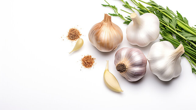 garlic with herbs close-up on a white background with empty space for insertion. Generative Ai. 