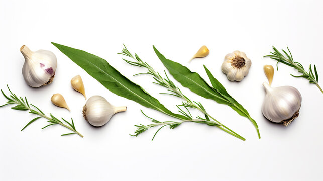 garlic with herbs on a white background top view for your design. Generative Ai. 