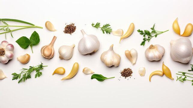 right spices and heads of garlic on a white background top view. Generative Ai. 