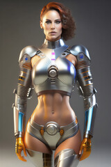 A beautiful cybor and brunette woman with the body of a robot in a research laboratory. Generative AI_18.