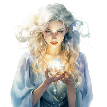 Magical celestial goddess holding a glowing light ball in her hands watercolor clipart