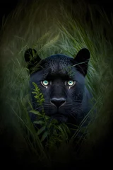 Tuinposter A black panther hidden in the grass, surveying the front with intensity © The Stock Guy
