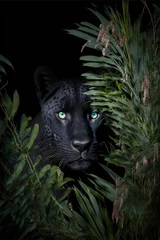 Tuinposter Portrait of a black panther under the grass looking up ahead © The Stock Guy