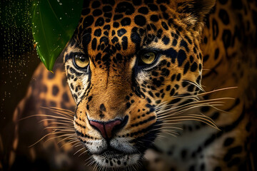 Close up of a jaguar hidden for hunting
