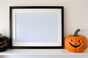 Wooden blank frame mockup on shelf over white wall with halloween pumpkin, blank horizontal frame with copy space