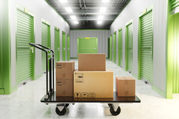 Rental Storage Units. Self storage unit cutaway. Storage box with green door. 3d image,