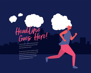 Contemporary graphic illustration of a woman running where the hair form a cloud conceptual art in vector format