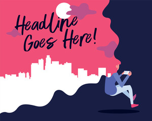 A female playing mobile game with city landscape design template in vector format illustration