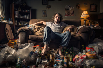 A Young Depressed Man Sits on a Sofa in a Very Dirty Room. Social Problems Concept, ADHD