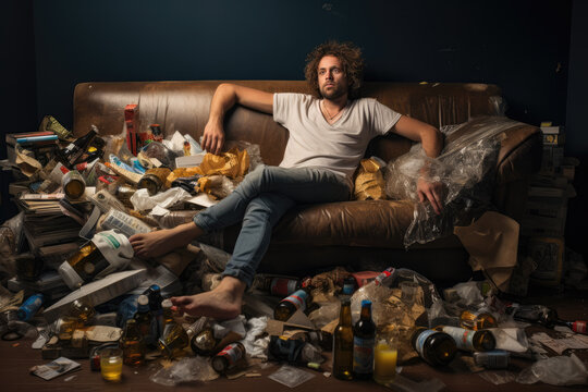 A Young Depressed Man Sits on a Sofa in a Very Dirty Room. Social Problems Concept