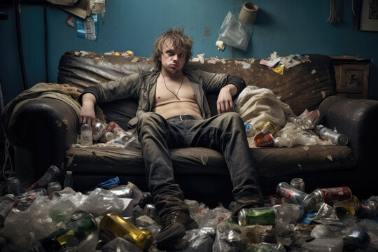 A Young Depressed Man Sits on a Sofa in a Very Dirty Room. Social Problems Concept, ADHD