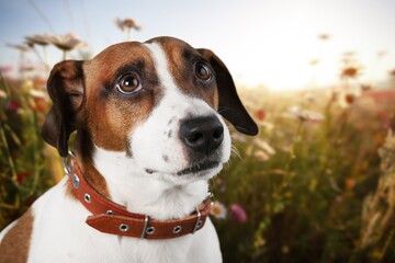 Young happy cute dog play outdoor in summer