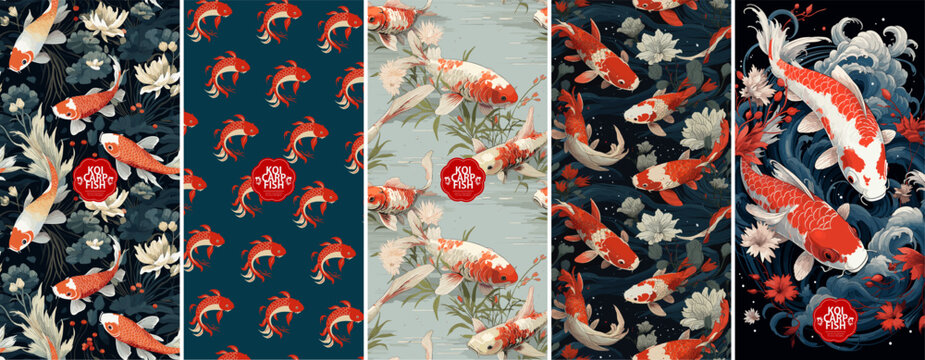 Koi carp fish. Vector Japanese traditional illustrations of red fish in a pond or sea with flowers and seaweed for seamless pattern, background or poster.